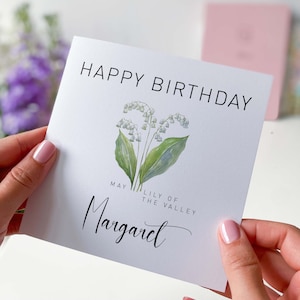 Cartão de aniversário de maio Cartão de flor de nascimento personalizado para nascido em maio cartão de feliz aniversário com nome mês de nascimento lírio do vale para ele ela