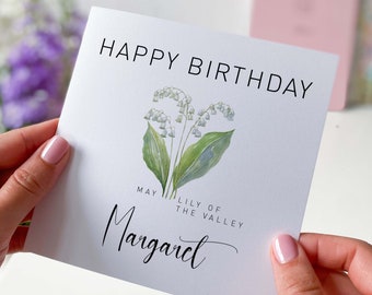 Tarjeta de cumpleaños de mayo Tarjeta de flores de nacimiento personalizada para nacidos en mayo tarjeta de feliz cumpleaños con nombre mes de nacimiento lirio de los valles para él ella