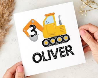Personalised Birthday Card for Kids Name and Age Digger Excavator Construction Boy Girl Nephew Niece Son Daughter Grandson Granddaughter