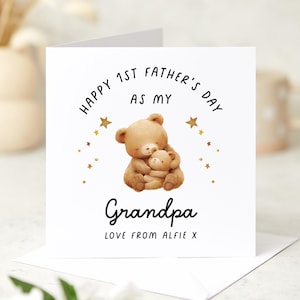 Première carte de fête des pères personnalisée pour papa, nom personnalisé, carte souvenir avec ours mignon, fils, fille, notre 1ère carte-cadeau pour la fête des pères