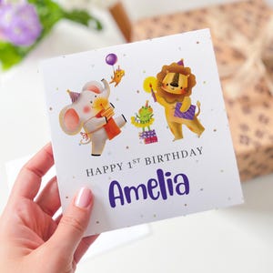 Carte de 1er anniversaire personnalisée pour enfant, fille, prénom, thème des animaux de la jungle, jolie carte pour bébé fille ou garçon, souvenir amusant pour son premier anniversaire