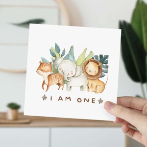Carte premier anniversaire filles garçons Safari 1er anniversaire fils petit-fils neveu filleul neveu nièce Carte jungle mignons bébés animaux Je suis un des bois