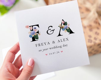 Carte de mariage personnalisée avec la date initiale du nom Félicitations pour votre mariage Carte florale Cadeau de jeunes mariés Cartes de voeux pour couple