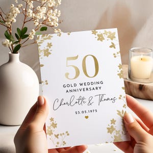 Carte d'anniversaire de mariage en or pour couple 50e anniversaire avec nom date élégant souvenir floral personnalisé pour maman papa grands-parents