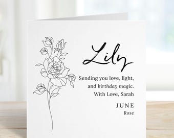 Personalised June Birth Flower Birthday Card for Her – Rose Floral Name