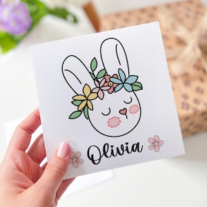 Biglietto di Pasqua personalizzato per ragazza, biglietto con nome personalizzato, biglietto con coniglietto, biglietto di Pasqua floreale, biglietto con coniglio primaverile carino per figlia, nipote, neonata