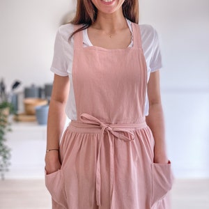 Short Linen Cross Back Apron/ Criss-cross Apron for Women/ No-ties