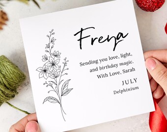 Personalised July Birth Flower Birthday Card for Her – Delphinium Floral Name