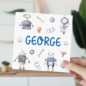 Personalised kids birthday Card for boy girl with name Cute robot theme Happy Birthday gift card for boys girls Robot lover Robots Party