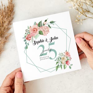 Gepersonaliseerde kaart 25e huwelijksverjaardag bloemdessin Aangepaste namen viering kaart voor echtgenoot vrouw ouders of vrienden viering cadeau