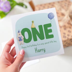 Carte souvenir 1er anniversaire personnalisée pour bébé garçon, prénom ours et ballon, carte souvenir 1er anniversaire pour fils, petit-fils ou neveu, j'ai un an