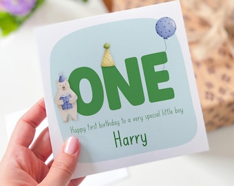 Personalised First Birthday Card for Baby Boy Name Bear and Balloon Design 1st Birthday Keepsake Card for Son Grandson or Nephew I am One