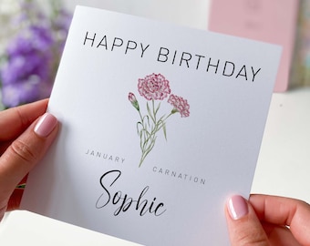 January birthday card Carnation Personalised Birth flower card for born in january birth with name birth month for her friend girlfriend mom