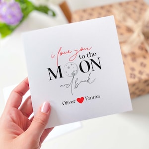 Eu te amo até a lua e cartão no verso com o nome do casal Aniversário para ele Dia dos Namorados dela Namorado Namorada Esposa Aniversário do Marido
