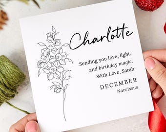 Personalised December Birth Flower Birthday Card for Her – Narcissus Floral Name Card