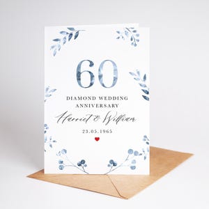 Carte d'anniversaire de mariage en diamant pour couple, 60e anniversaire, personnalisée avec nom et date, motif botanique bleu élégant, grands-parents, grand-mère, nounou