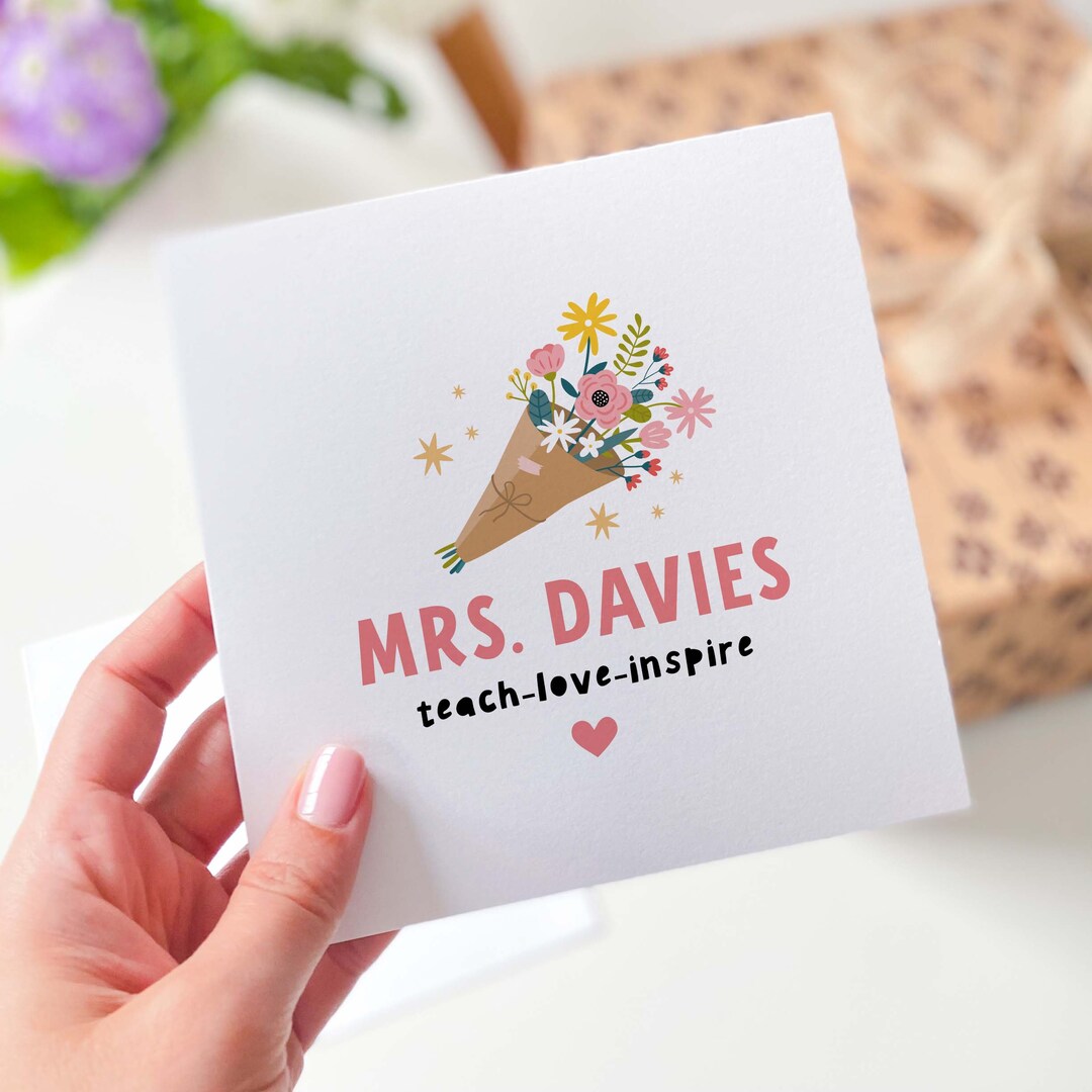 Card for Teacher Thank You Cute Card With Floral Design and Name Gift