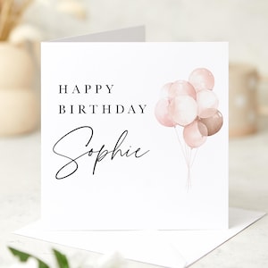 Elegante Geburtstagskarte mit Namen Blush Rosa Luftballons Minimalistisches, modernes Design Ideal für Frau Mutter Tochter Schwester Freundin oder Bester Freund