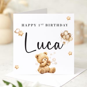 Carte personnalisée premier anniversaire pour garçon fille fils fille neveu nièce filleul 1er anniversaire mignon ours en peluche souvenir mignon pour tout-petit