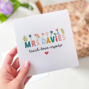 Tarjeta para maestra Gracias Apellido floral Tarjeta de regalo para ella Enseñar Amor Inspirar Gratitud Apreciación Guardería Escuela Primaria Fin de año