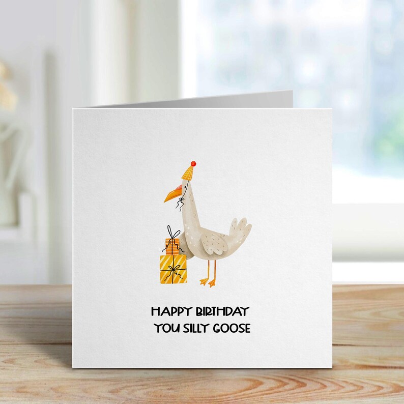 Tarjeta de cumpleaños divertida con forma de ganso, animal de dibujos animados con sombrero de fiesta imagen 2