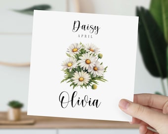 Carte de naissance personnalisée fleur pour née en avril Carte d'anniversaire de naissance avec le nom comme fleur ajouté le mois de naissance avril anniversaire de marguerite pour elle