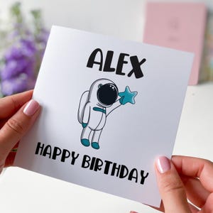 Cartão de aniversário de astronauta personalizado para menino, tema espacial, cartão com nome, design cósmico divertido para filho, irmão, sobrinho, neto, 4º, 5º, 6º, 7º, 8º