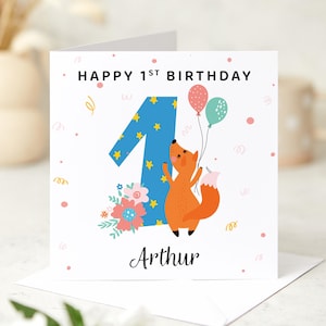 Carte d'anniversaire personnalisée pour enfants, nom et âge personnalisés, design animal mignon avec des ballons pour fils, fille, neveu, nièce, petit-enfant