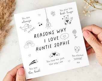 Carte personnalisée tante pour les raisons pour lesquelles je t'aime de la part d'une nièce ou d'un neveu - Carte de Noël amusante et mignonne pour l'anniversaire de ma tante