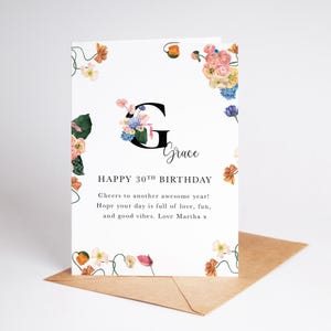 Personalised Birthday Card for Her with Name and Age Floral Initial Card for Daughter Sister Friend Mum Grandma 20th 30th 40th 50th 60th