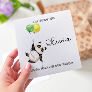 Cartão para sobrinha Cartão de presente de feliz aniversário personalizado com nome panda fofo e balões para sobrinha para sobrinhas especiais desejando a você um muito