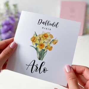 Biglietto di compleanno di marzo Narciso Fiore di nascita personalizzato Nato a marzo biglietto di compleanno di nascita con nome biglietto di fiori del mese di nascita per lei lui