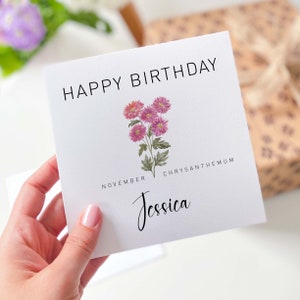 Tarjeta de cumpleaños de noviembre Tarjeta de nacimiento personalizada para nacido en noviembre con nombre mes de nacimiento tarjeta de flores de crisantemo para él su amiga mamá