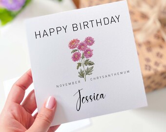 Personalisierte November Geburtstagskarte, Chrysantheme