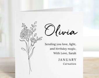 Personalised January Carnation Birthday Card for Her – Custom Name Birth Flower Gift