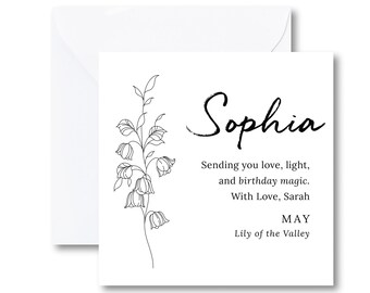 Personalised May Birth Flower Birthday Card for Her – Lily of the Valley Floral Name