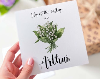 Tarjeta de cumpleaños de mayo Tarjeta de flores de nacimiento personalizada para nacidos en mayo tarjeta de feliz cumpleaños con nombre mes de nacimiento lirio de los valles para él ella