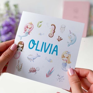 Carte d'anniversaire personnalisée sirène fête de fille avec jolie sirène thème poisson hippocampe tortue carte-cadeau pour fille fille nièce petite-fille