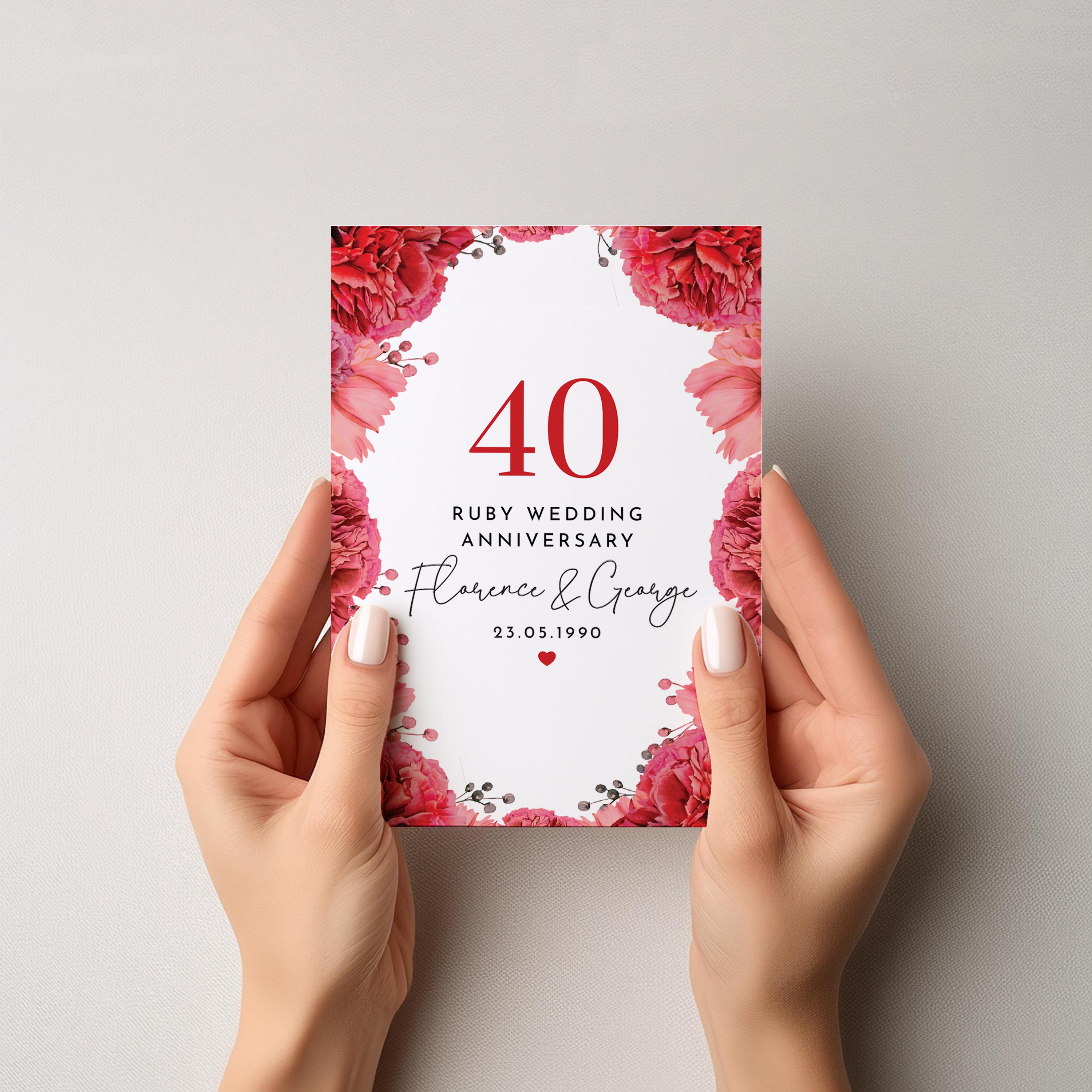 Ruby Wedding Anniversary Card With Names and Date 40 Year Celebration ...
