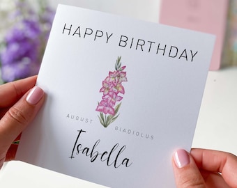 Personalized August Birth Flower Card, Gladiolus Birthday Gift