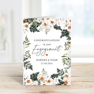 Carte de fiançailles personnalisée pour couple, élégant motif floral bohème, noms date, carte de félicitations pour fille, fils, belle-fille, fiancés