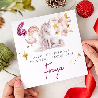 Biglietto Di Auguri Per 4° Compleanno Per Bambina - Design Unicorno Magico E Arcobaleni, Con Dettagli In Lamina D'Argento