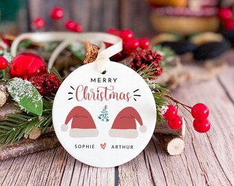 Personalised Merry Christmas Ceramic Ornament with Couple Name Wife husband girlfriend boyfriend Cute Christmas Hat Keepsake Gift