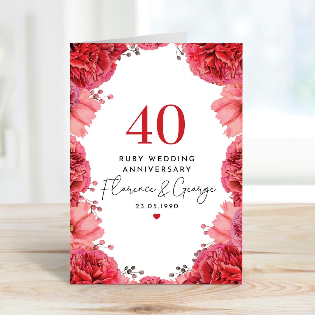 Ruby Wedding Anniversary Card With Names and Date 40 Year Celebration ...