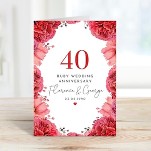 Rubin Hochzeit Jahrestag Karte mit Namen und Datum 40 Jahre Feier Floral personalisiertes Geschenk für Paar 40. Jahrestag Mama Papa Eltern