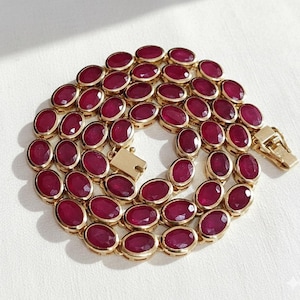 Collana da tennis in oro giallo 18 carati con pietra preziosa naturale di rubino/Collana con pietra portafortuna di luglio/Collana da tennis con pietra preziosa/Collana da tennis da donna per feste