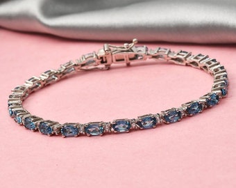 London Blue Topaz and White Topaz  Tennis Bracelet in Sterling Silver for Women, Natural Gemstone Bracelet, Handmade Jewelry, Christmas Gift