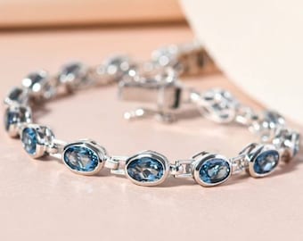 London Blue Topaz Tennis Bracelet in Sterling Silver for Women, Natural Gemstone Bracelet, Handmade Jewelry, Christmas Gift, Gift For her