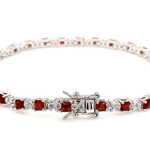 Ruby 4mm Cushion With White Topaz Tennis Bracelet in Platinum Overlay Sterling Silver, Women Jewellery, Anniversary Gift,Gift for her image 3