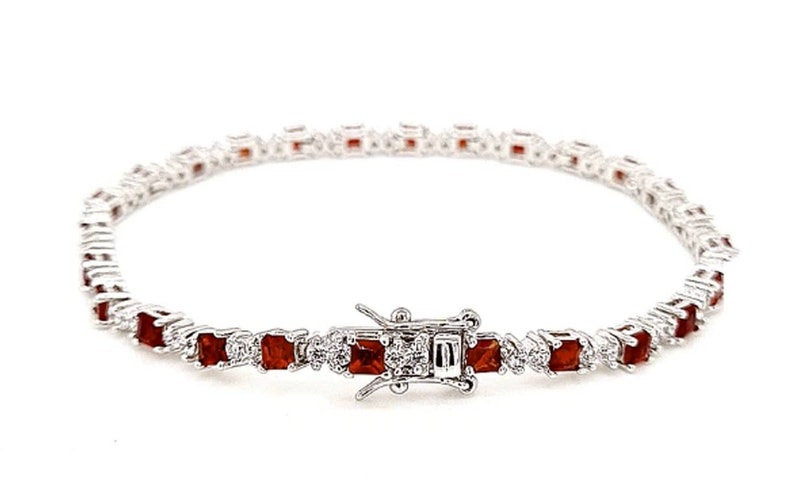 Ruby 4mm Cushion With White Topaz Tennis Bracelet in Platinum Overlay Sterling Silver, Women Jewellery, Anniversary Gift,Gift for her image 3